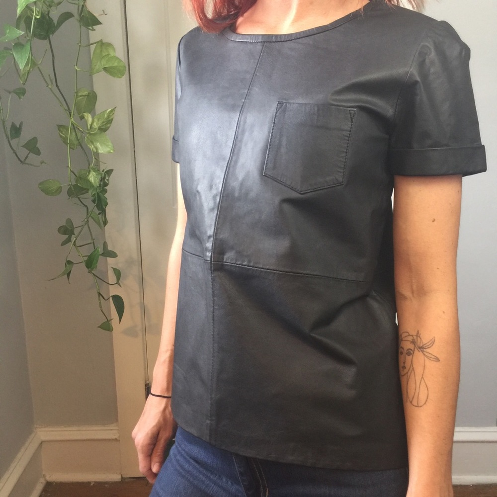 MAJE Genuine Goat Leather Short Sleeve Blouse Top - Picture 4 of 8